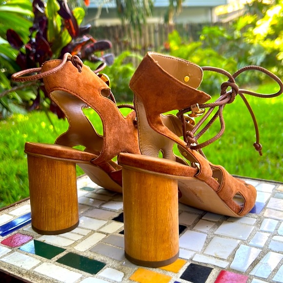 Rebecca Minkoff suede lace up open toe chunky wood column heels - Picture 2 of 7